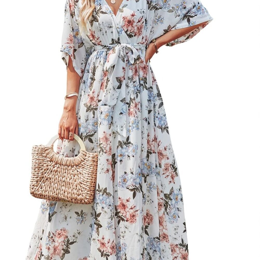 Women’s Summer Loose Boho Flowy Wrap V Neck 3/4 Sleeve Floral Print Slit Beach W